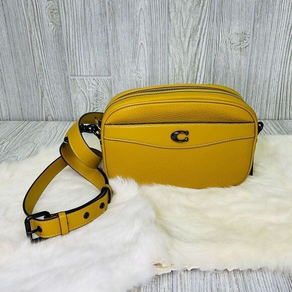 Coach Leather Small Camera Crossbody Bag Pewter/ Flax (Mustard
